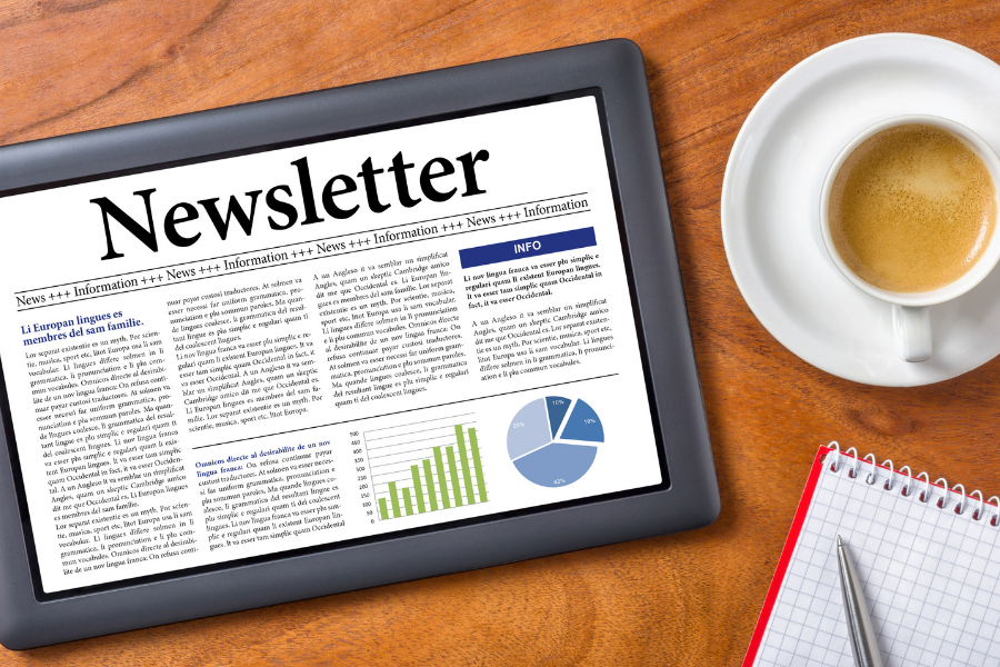 A picture on an e-newsletter with a cup of coffee.