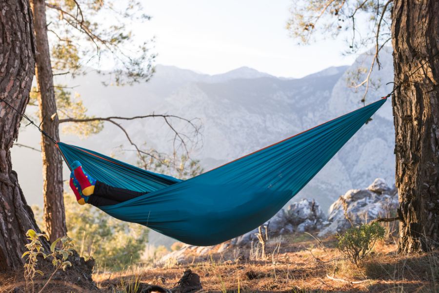 A hammock between two trees, points to place a hold on outdoor recreation at the Main Library.