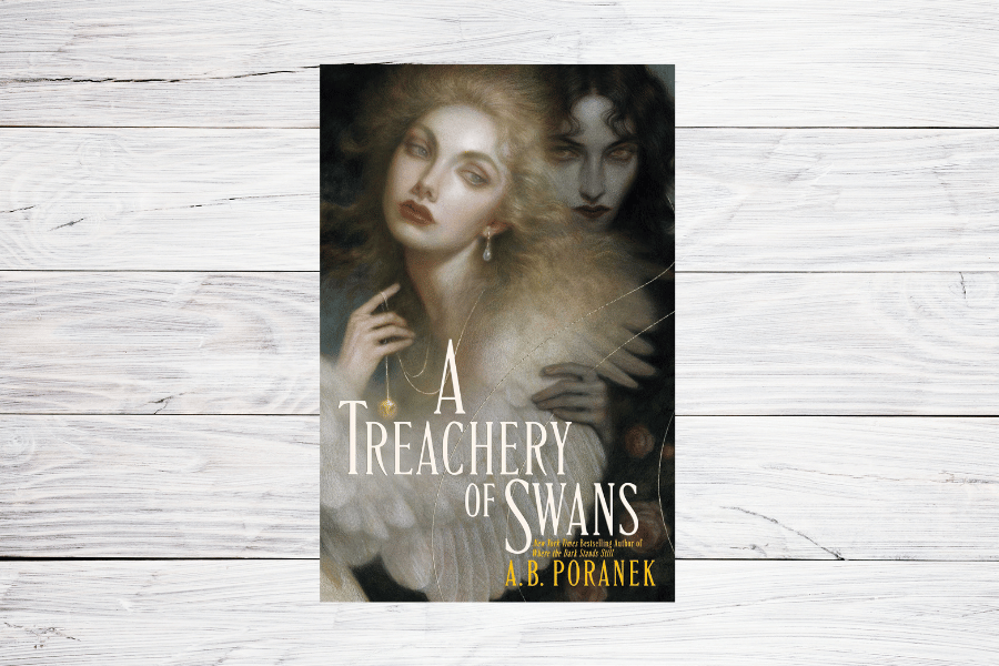 Book cover of "A Treachery of Swans" by A. B. Poranek, points to teen book list.