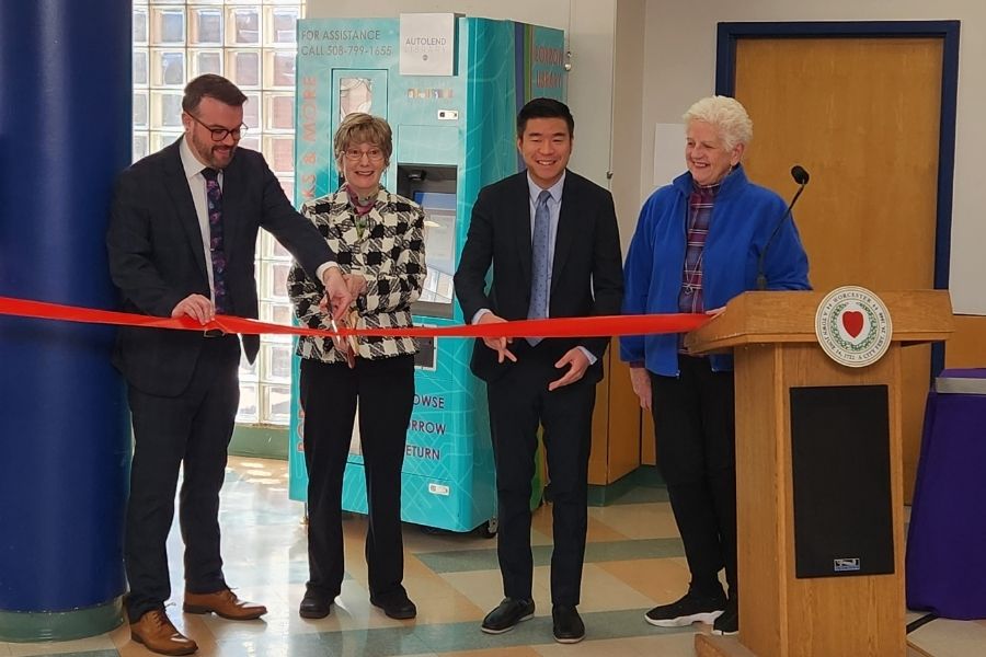 Ribbon cutting at the Worcester Senior Center for the Library Book Vending Machine.