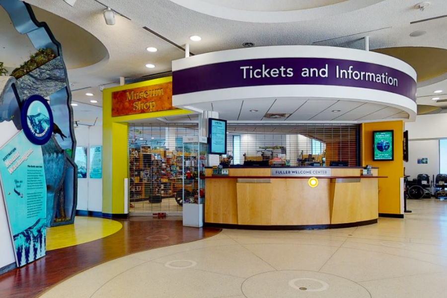 Ticket counter of the EcoTarium, points to EcoTarium website.