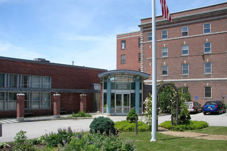 Worcester Senior Center building, points to Worcester Senior Center website.